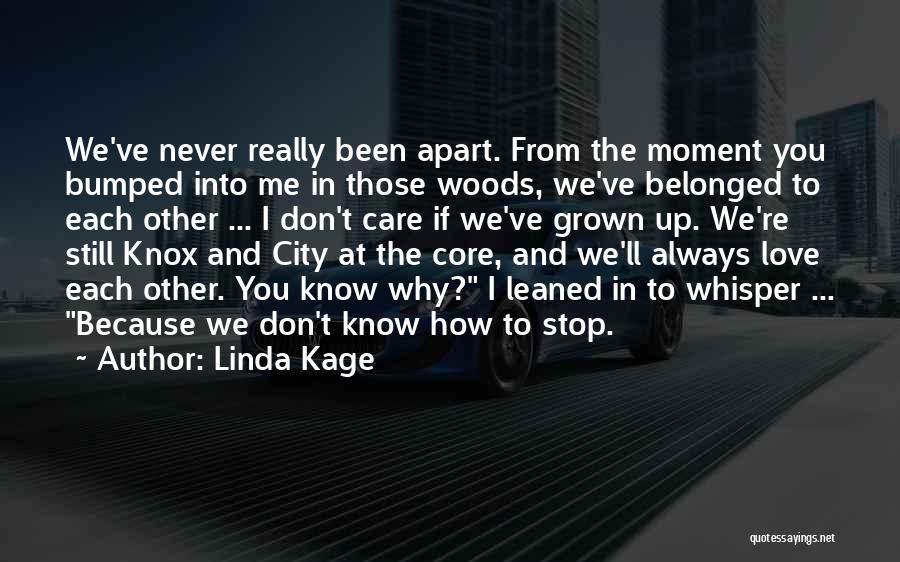 Linda Kage Quotes: We've Never Really Been Apart. From The Moment You Bumped Into Me In Those Woods, We've Belonged To Each Other