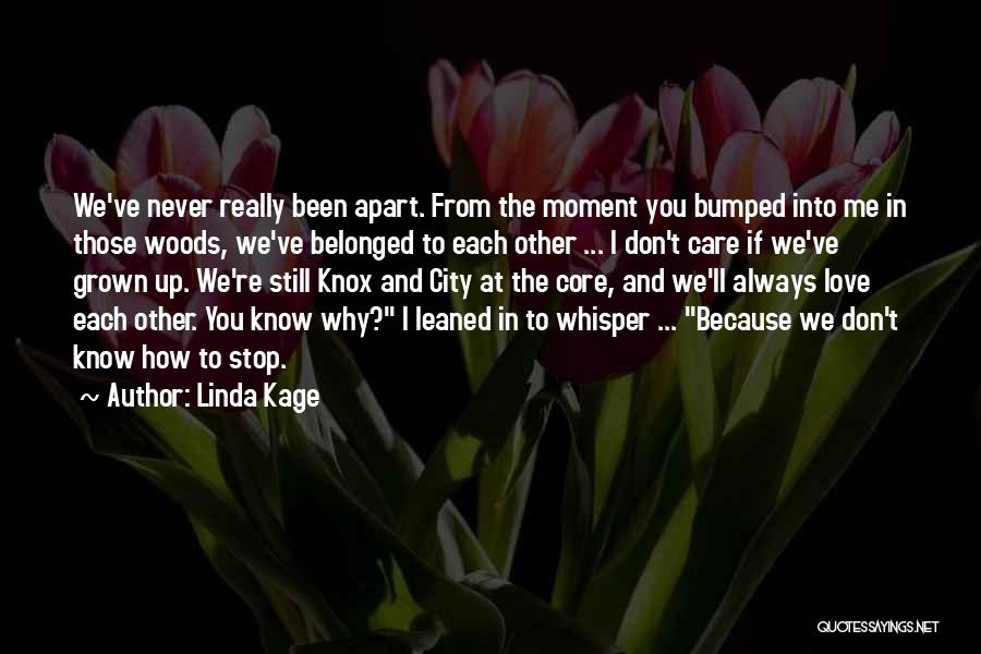 Linda Kage Quotes: We've Never Really Been Apart. From The Moment You Bumped Into Me In Those Woods, We've Belonged To Each Other