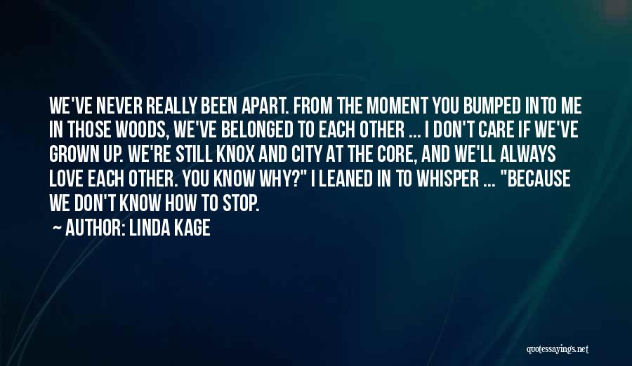 Linda Kage Quotes: We've Never Really Been Apart. From The Moment You Bumped Into Me In Those Woods, We've Belonged To Each Other