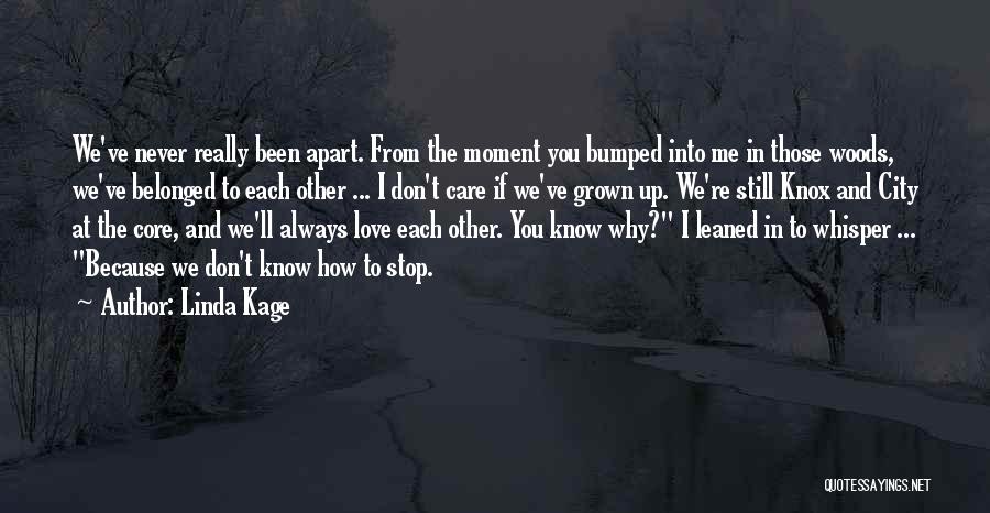 Linda Kage Quotes: We've Never Really Been Apart. From The Moment You Bumped Into Me In Those Woods, We've Belonged To Each Other