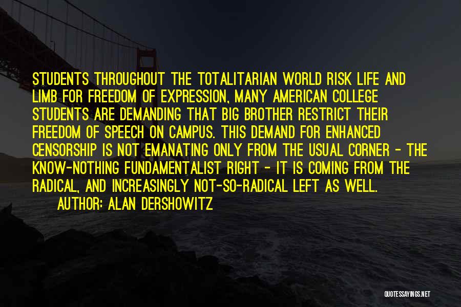 Alan Dershowitz Quotes: Students Throughout The Totalitarian World Risk Life And Limb For Freedom Of Expression, Many American College Students Are Demanding That