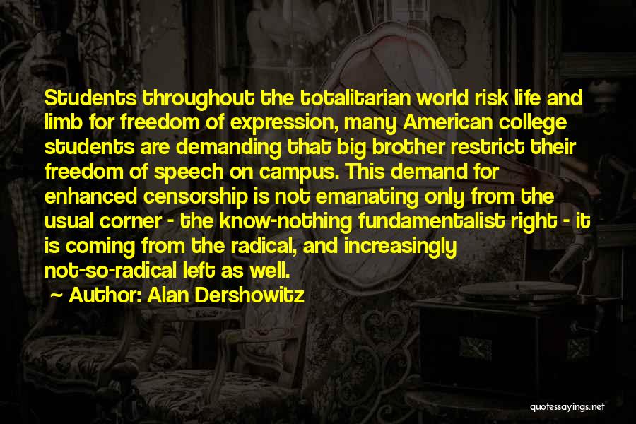 Alan Dershowitz Quotes: Students Throughout The Totalitarian World Risk Life And Limb For Freedom Of Expression, Many American College Students Are Demanding That