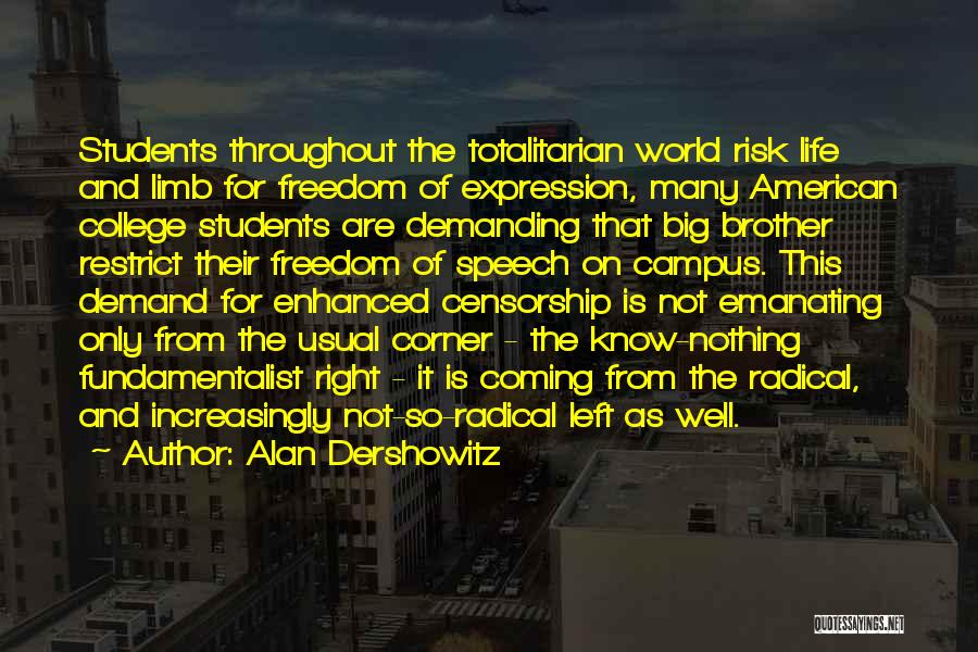 Alan Dershowitz Quotes: Students Throughout The Totalitarian World Risk Life And Limb For Freedom Of Expression, Many American College Students Are Demanding That