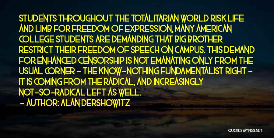Alan Dershowitz Quotes: Students Throughout The Totalitarian World Risk Life And Limb For Freedom Of Expression, Many American College Students Are Demanding That