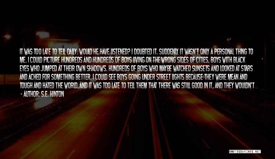 S.E. Hinton Quotes: It Was Too Late To Tell Dally. Would He Have Listened? I Doubted It. Suddenly It Wasn't Only A Personal