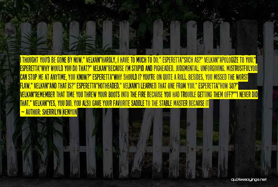 Sherrilyn Kenyon Quotes: I Thought You'd Be Gone By Now. Velkanhardly, I Have To Much To Do. Esperettasuch As? Velkanapologize To You. Esperettawhy