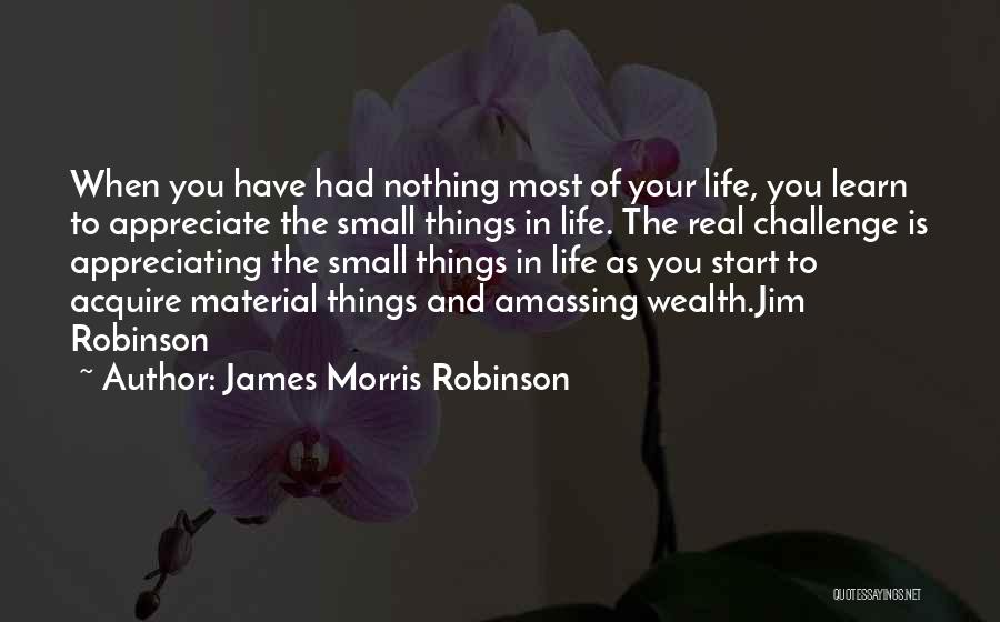 James Morris Robinson Quotes: When You Have Had Nothing Most Of Your Life, You Learn To Appreciate The Small Things In Life. The Real