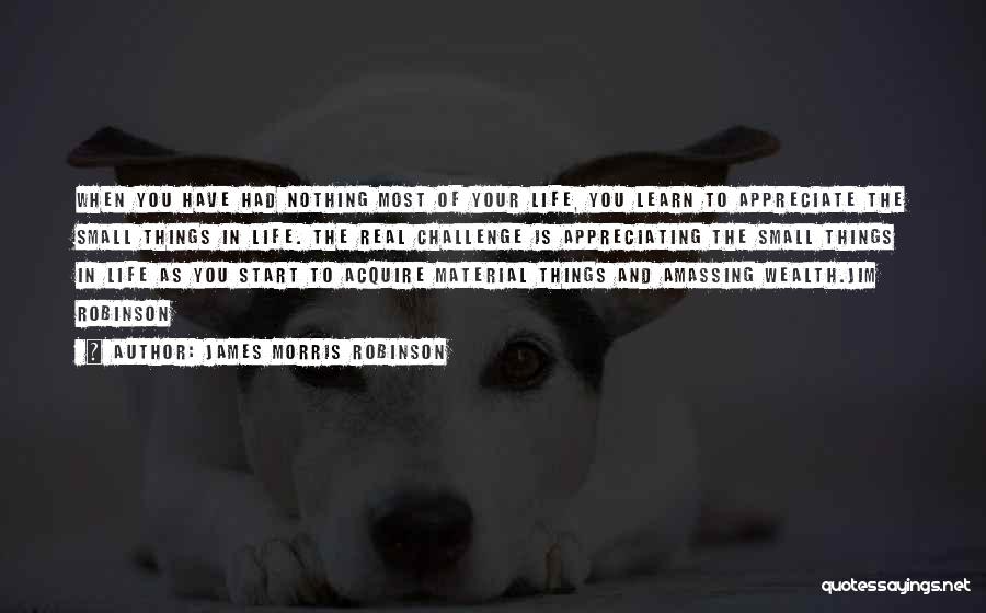 James Morris Robinson Quotes: When You Have Had Nothing Most Of Your Life, You Learn To Appreciate The Small Things In Life. The Real