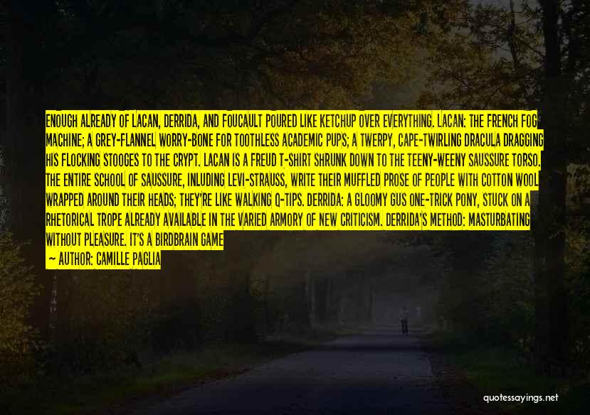 Camille Paglia Quotes: Enough Already Of Lacan, Derrida, And Foucault Poured Like Ketchup Over Everything. Lacan: The French Fog Machine; A Grey-flannel Worry-bone
