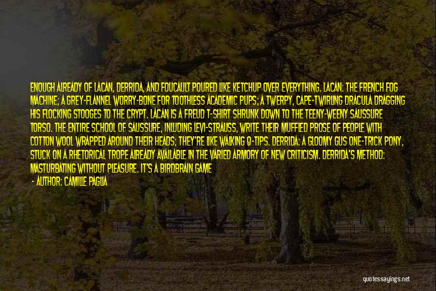 Camille Paglia Quotes: Enough Already Of Lacan, Derrida, And Foucault Poured Like Ketchup Over Everything. Lacan: The French Fog Machine; A Grey-flannel Worry-bone