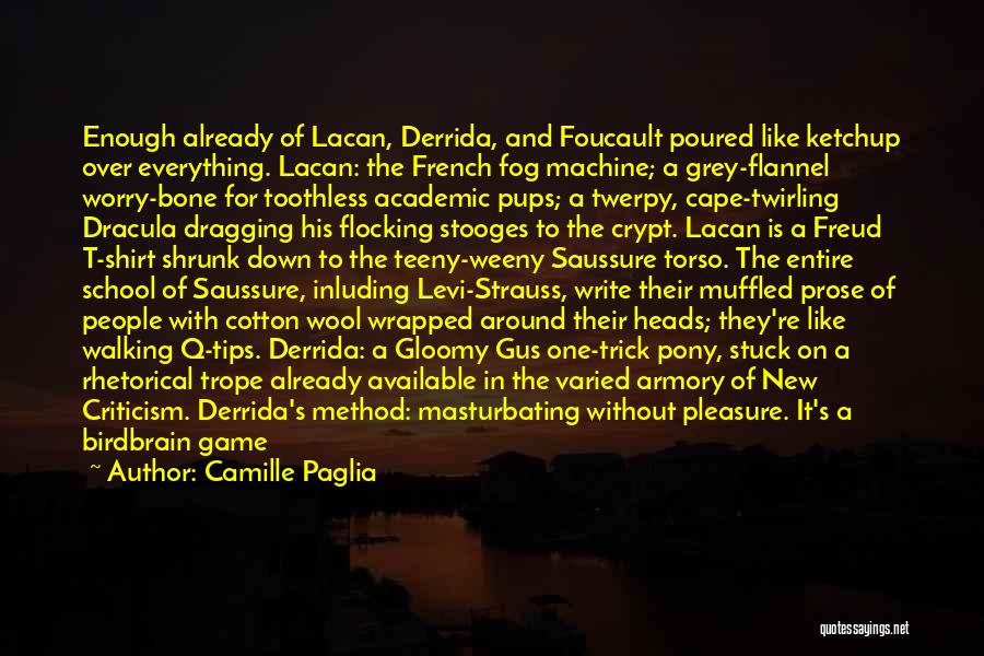 Camille Paglia Quotes: Enough Already Of Lacan, Derrida, And Foucault Poured Like Ketchup Over Everything. Lacan: The French Fog Machine; A Grey-flannel Worry-bone