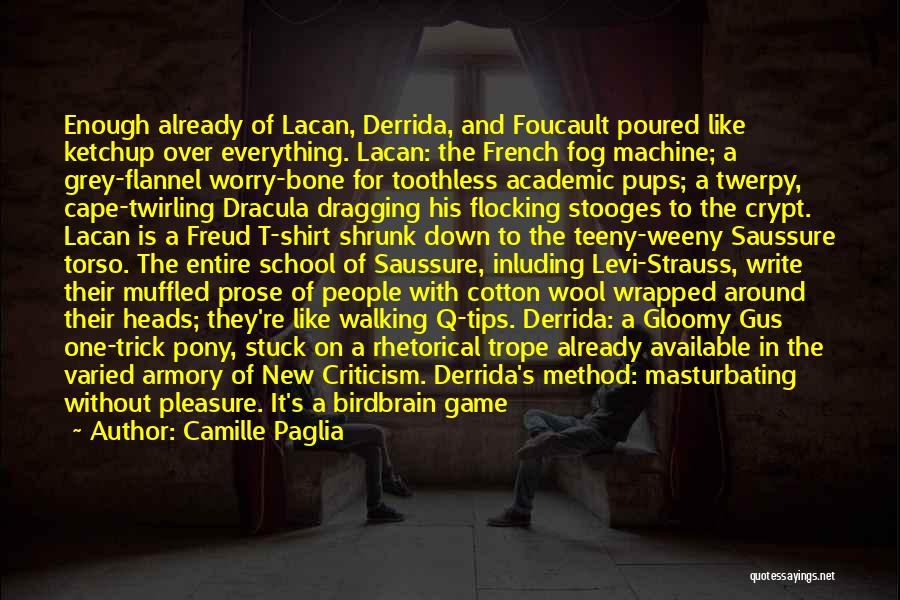 Camille Paglia Quotes: Enough Already Of Lacan, Derrida, And Foucault Poured Like Ketchup Over Everything. Lacan: The French Fog Machine; A Grey-flannel Worry-bone