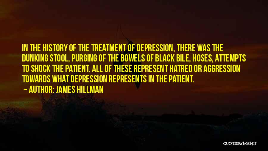 James Hillman Quotes: In The History Of The Treatment Of Depression, There Was The Dunking Stool, Purging Of The Bowels Of Black Bile,