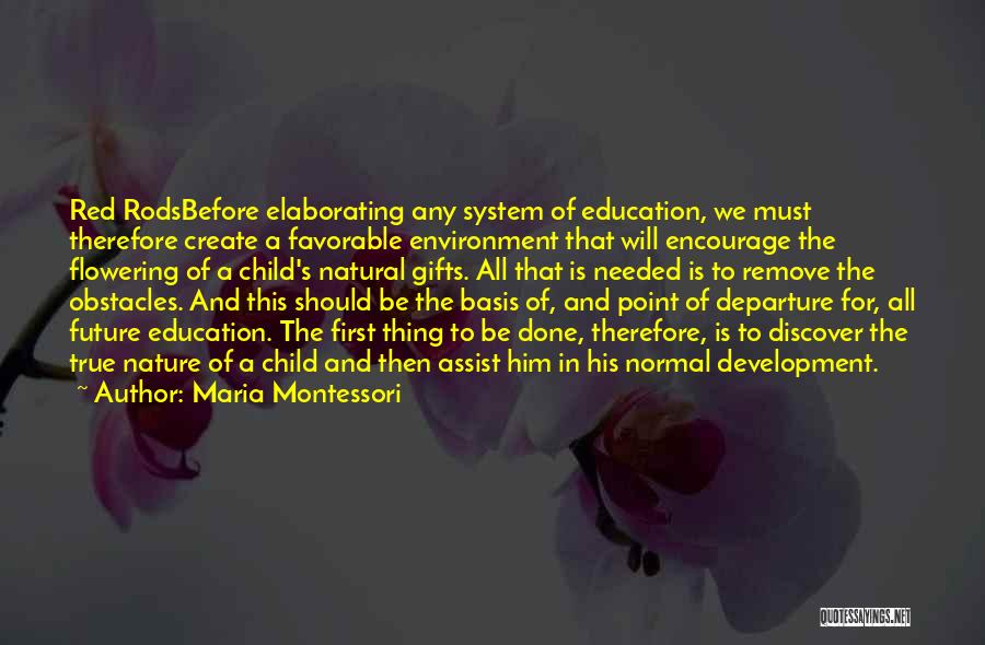 Maria Montessori Quotes: Red Rodsbefore Elaborating Any System Of Education, We Must Therefore Create A Favorable Environment That Will Encourage The Flowering Of