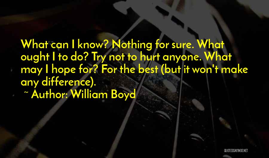 William Boyd Quotes: What Can I Know? Nothing For Sure. What Ought I To Do? Try Not To Hurt Anyone. What May I