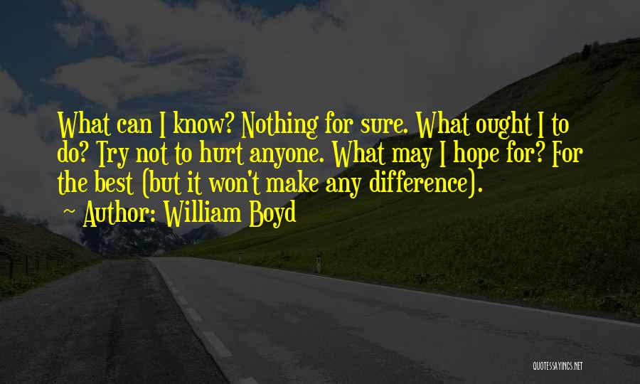 William Boyd Quotes: What Can I Know? Nothing For Sure. What Ought I To Do? Try Not To Hurt Anyone. What May I