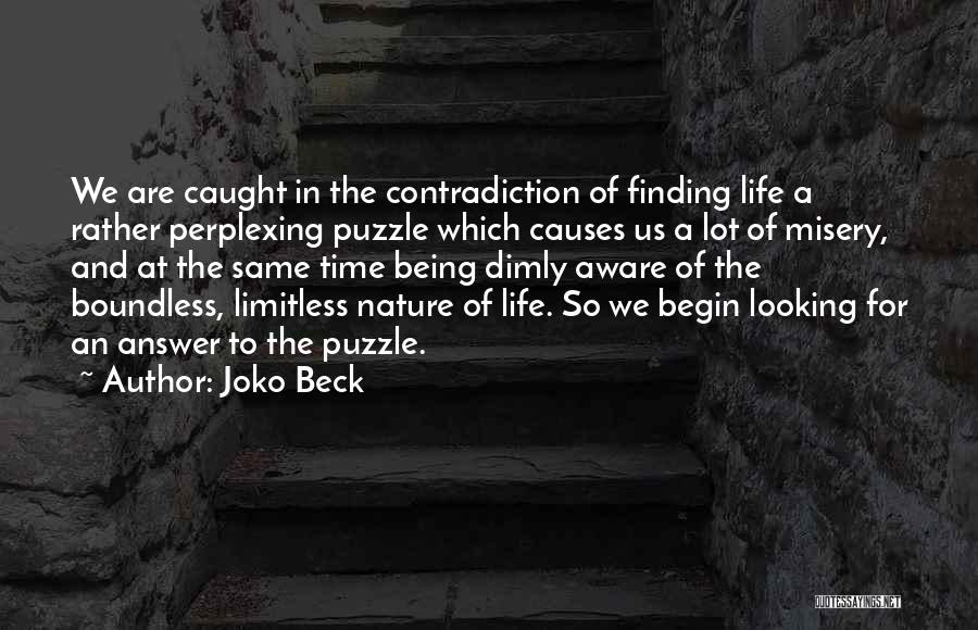 Joko Beck Quotes: We Are Caught In The Contradiction Of Finding Life A Rather Perplexing Puzzle Which Causes Us A Lot Of Misery,