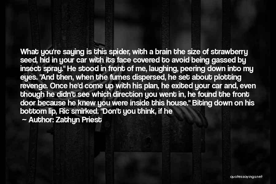 Zathyn Priest Quotes: What You're Saying Is This Spider, With A Brain The Size Of Strawberry Seed, Hid In Your Car With Its