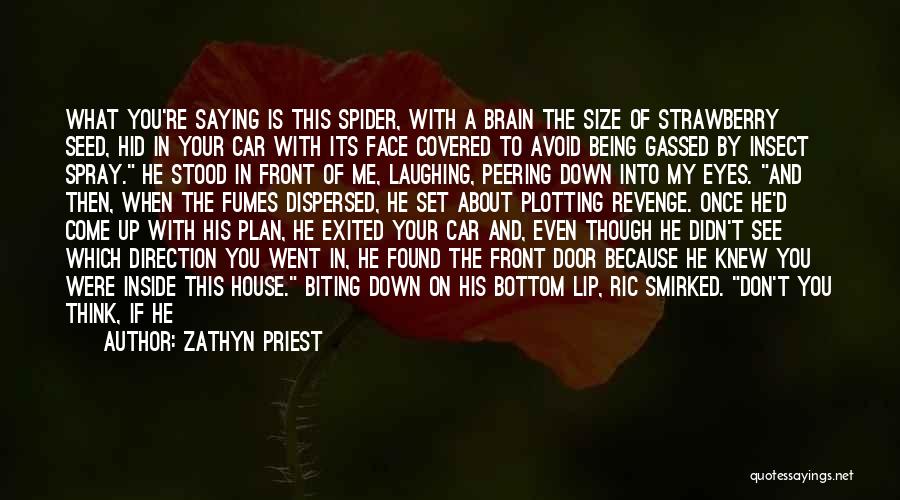 Zathyn Priest Quotes: What You're Saying Is This Spider, With A Brain The Size Of Strawberry Seed, Hid In Your Car With Its