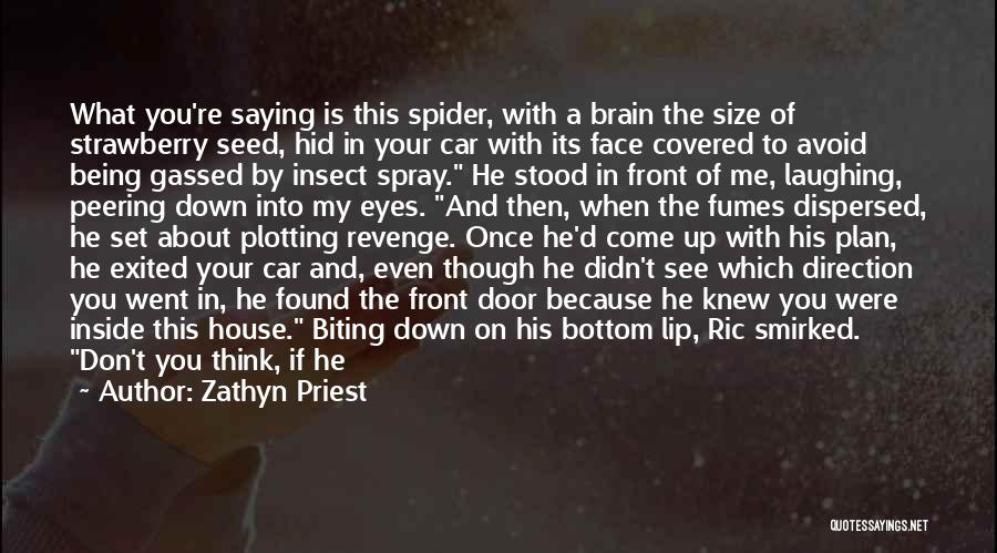 Zathyn Priest Quotes: What You're Saying Is This Spider, With A Brain The Size Of Strawberry Seed, Hid In Your Car With Its