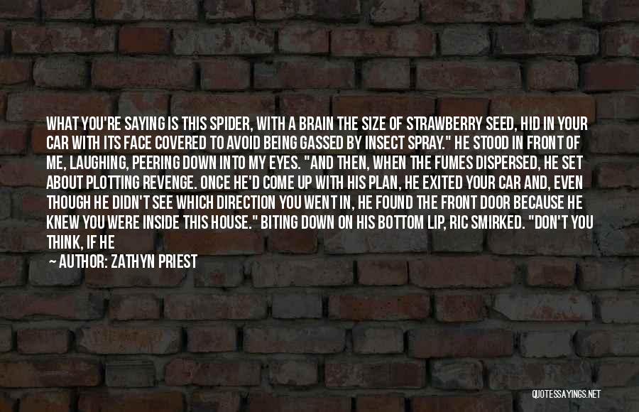 Zathyn Priest Quotes: What You're Saying Is This Spider, With A Brain The Size Of Strawberry Seed, Hid In Your Car With Its
