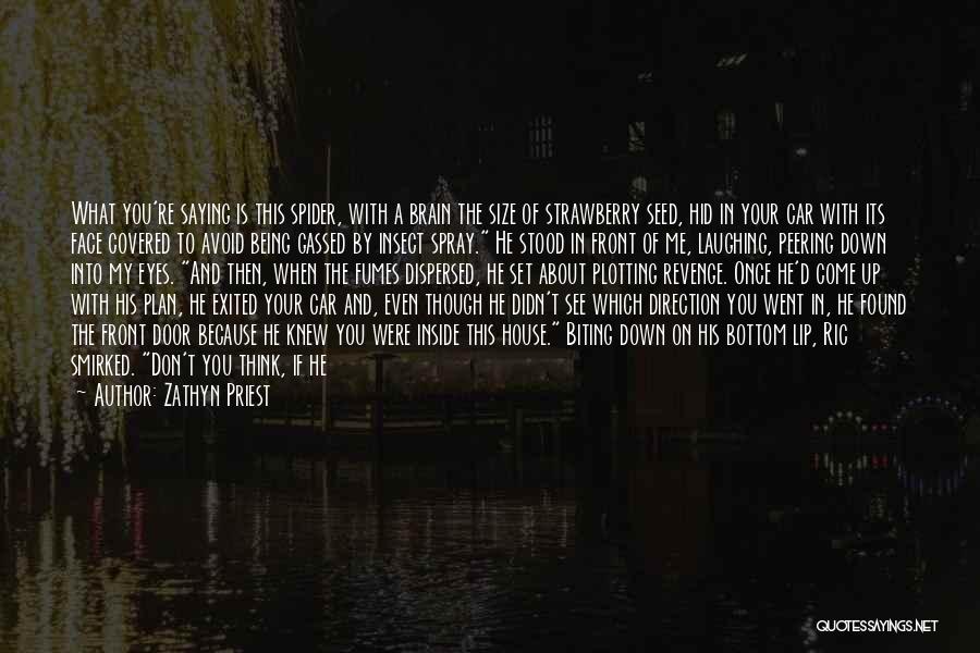 Zathyn Priest Quotes: What You're Saying Is This Spider, With A Brain The Size Of Strawberry Seed, Hid In Your Car With Its