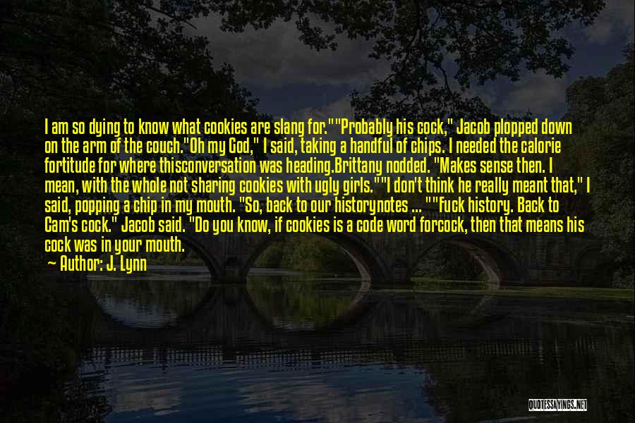 J. Lynn Quotes: I Am So Dying To Know What Cookies Are Slang For.probably His Cock, Jacob Plopped Down On The Arm Of