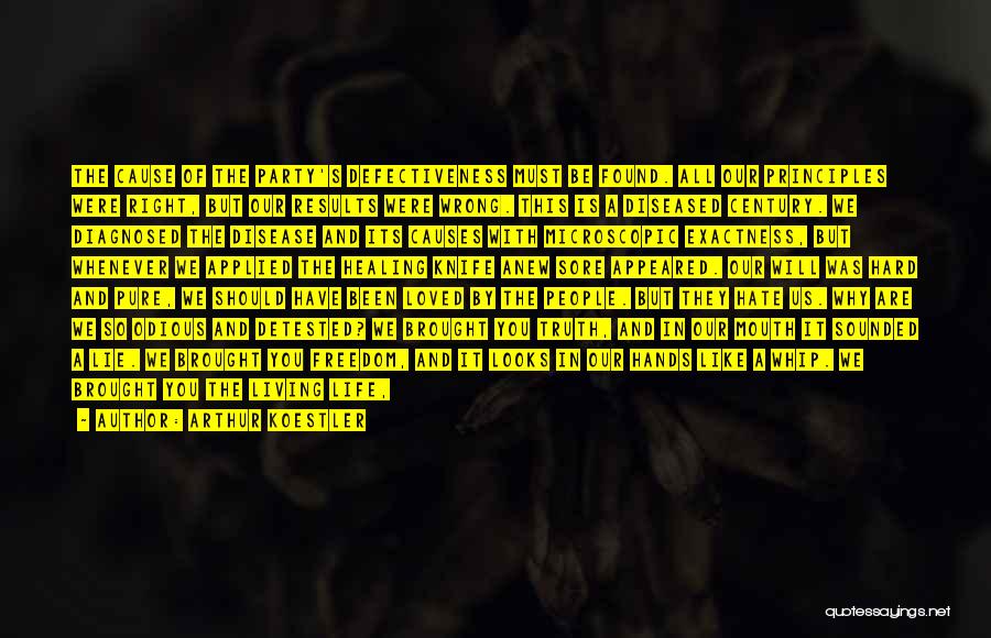 Arthur Koestler Quotes: The Cause Of The Party's Defectiveness Must Be Found. All Our Principles Were Right, But Our Results Were Wrong. This