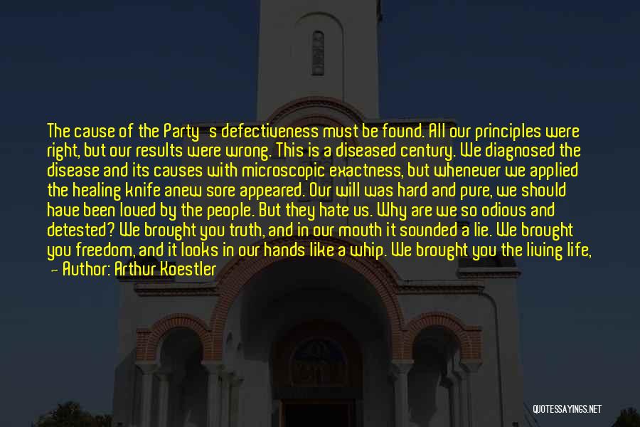 Arthur Koestler Quotes: The Cause Of The Party's Defectiveness Must Be Found. All Our Principles Were Right, But Our Results Were Wrong. This