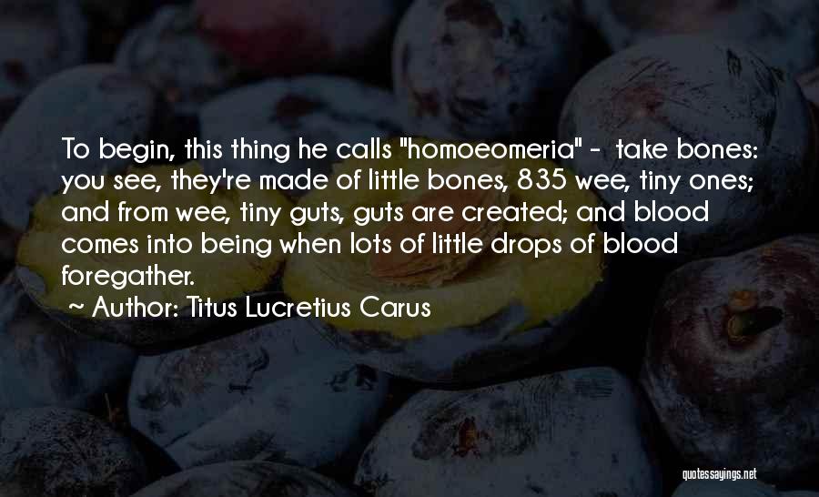 Titus Lucretius Carus Quotes: To Begin, This Thing He Calls Homoeomeria - Take Bones: You See, They're Made Of Little Bones, 835 Wee, Tiny