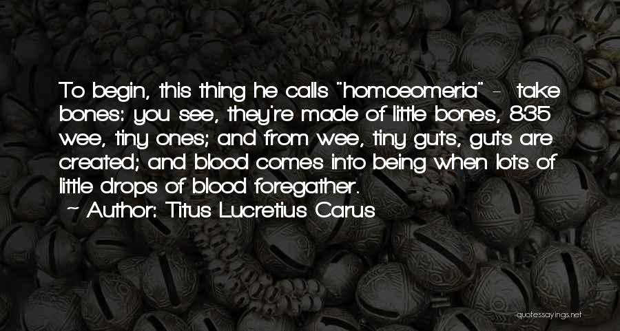 Titus Lucretius Carus Quotes: To Begin, This Thing He Calls Homoeomeria - Take Bones: You See, They're Made Of Little Bones, 835 Wee, Tiny