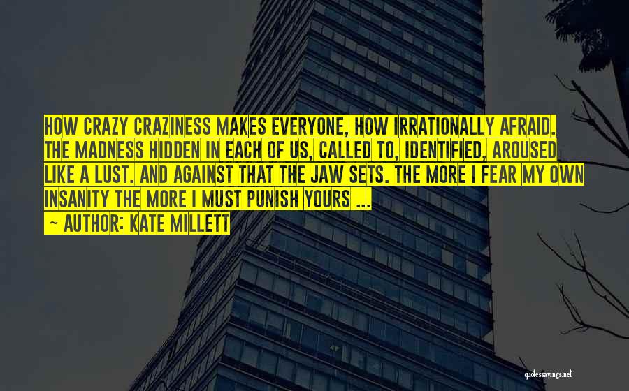Kate Millett Quotes: How Crazy Craziness Makes Everyone, How Irrationally Afraid. The Madness Hidden In Each Of Us, Called To, Identified, Aroused Like