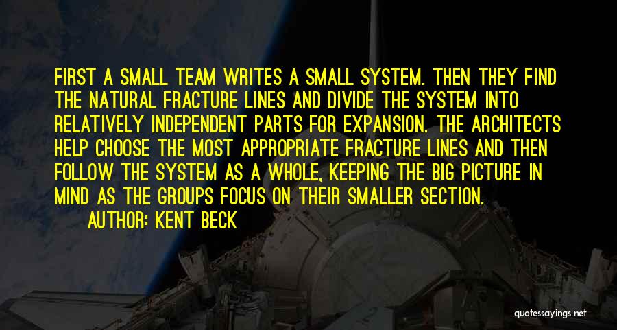 Kent Beck Quotes: First A Small Team Writes A Small System. Then They Find The Natural Fracture Lines And Divide The System Into