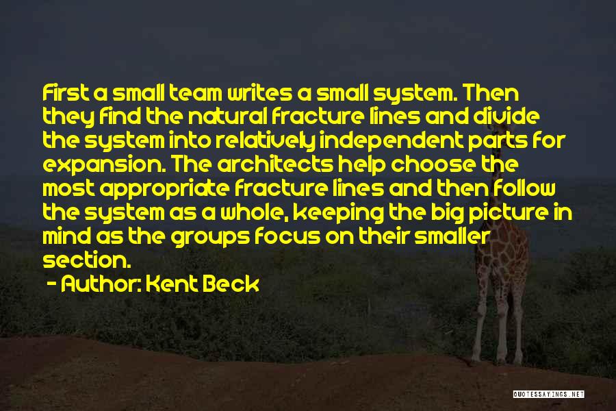 Kent Beck Quotes: First A Small Team Writes A Small System. Then They Find The Natural Fracture Lines And Divide The System Into