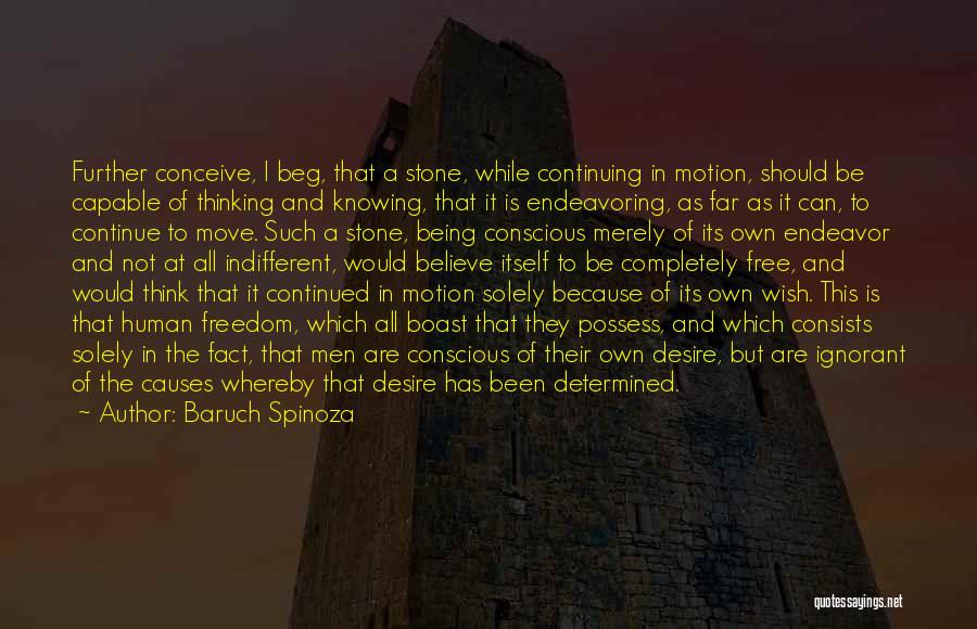 Baruch Spinoza Quotes: Further Conceive, I Beg, That A Stone, While Continuing In Motion, Should Be Capable Of Thinking And Knowing, That It