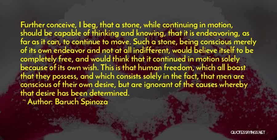 Baruch Spinoza Quotes: Further Conceive, I Beg, That A Stone, While Continuing In Motion, Should Be Capable Of Thinking And Knowing, That It