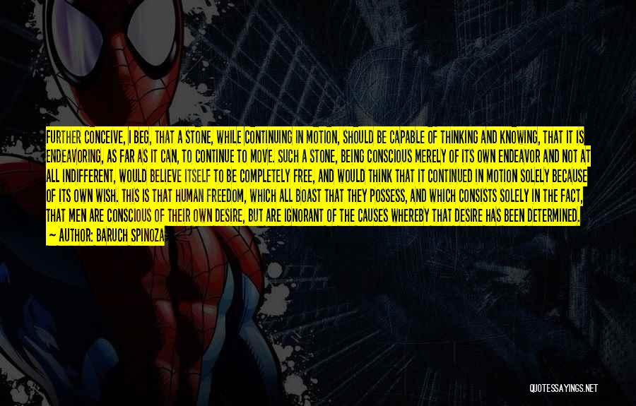 Baruch Spinoza Quotes: Further Conceive, I Beg, That A Stone, While Continuing In Motion, Should Be Capable Of Thinking And Knowing, That It