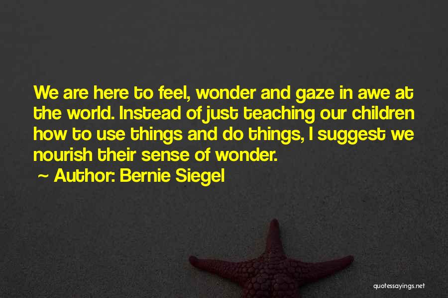 Bernie Siegel Quotes: We Are Here To Feel, Wonder And Gaze In Awe At The World. Instead Of Just Teaching Our Children How