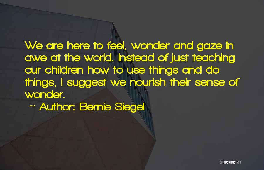 Bernie Siegel Quotes: We Are Here To Feel, Wonder And Gaze In Awe At The World. Instead Of Just Teaching Our Children How