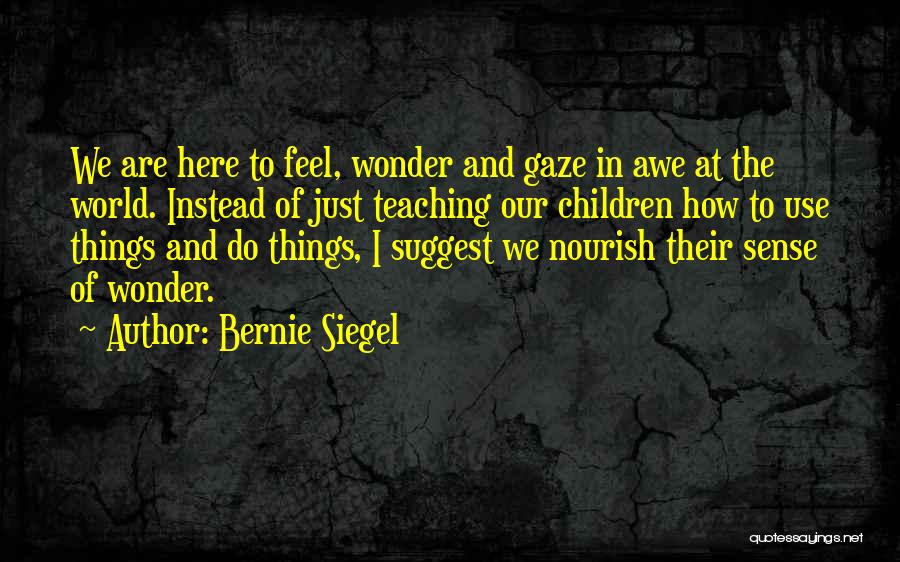 Bernie Siegel Quotes: We Are Here To Feel, Wonder And Gaze In Awe At The World. Instead Of Just Teaching Our Children How