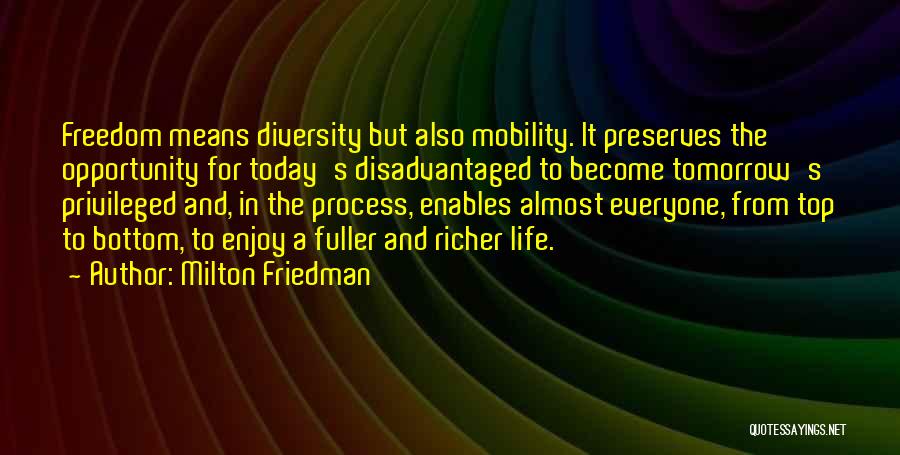 Milton Friedman Quotes: Freedom Means Diversity But Also Mobility. It Preserves The Opportunity For Today's Disadvantaged To Become Tomorrow's Privileged And, In The