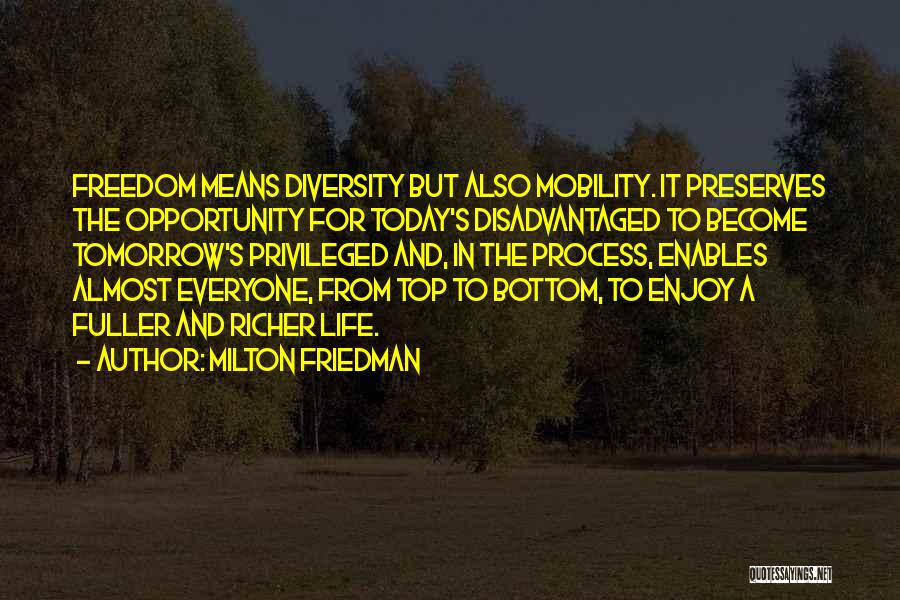 Milton Friedman Quotes: Freedom Means Diversity But Also Mobility. It Preserves The Opportunity For Today's Disadvantaged To Become Tomorrow's Privileged And, In The