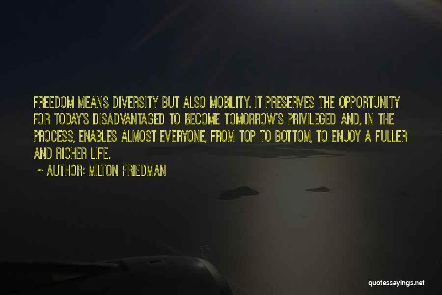 Milton Friedman Quotes: Freedom Means Diversity But Also Mobility. It Preserves The Opportunity For Today's Disadvantaged To Become Tomorrow's Privileged And, In The