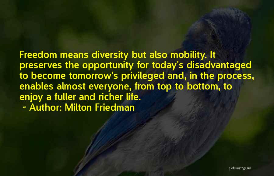 Milton Friedman Quotes: Freedom Means Diversity But Also Mobility. It Preserves The Opportunity For Today's Disadvantaged To Become Tomorrow's Privileged And, In The