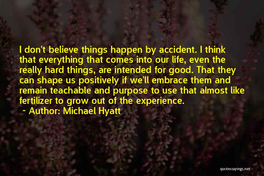 Michael Hyatt Quotes: I Don't Believe Things Happen By Accident. I Think That Everything That Comes Into Our Life, Even The Really Hard