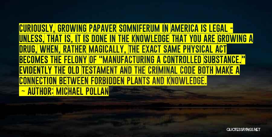 Michael Pollan Quotes: Curiously, Growing Papaver Somniferum In America Is Legal - Unless, That Is, It Is Done In The Knowledge That You