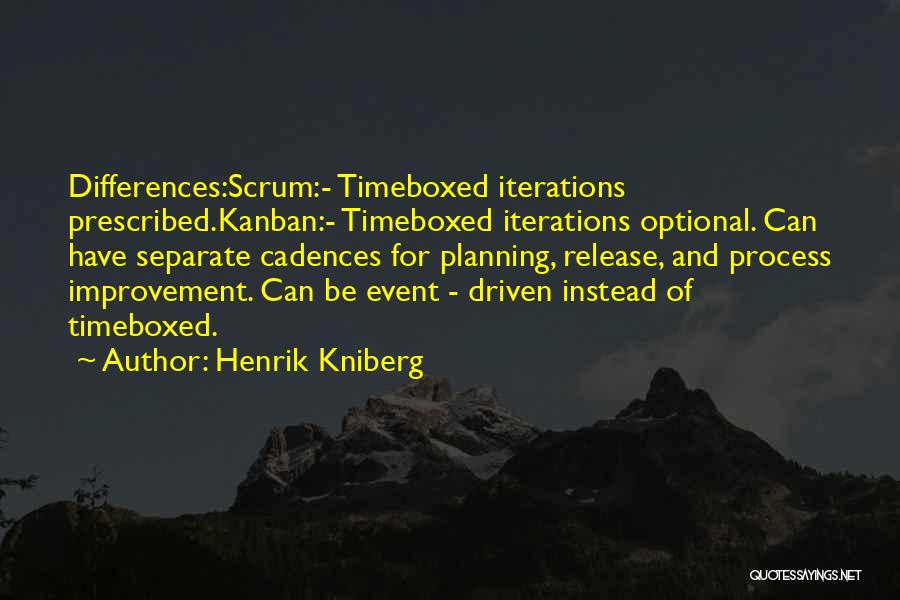 Henrik Kniberg Quotes: Differences:scrum:- Timeboxed Iterations Prescribed.kanban:- Timeboxed Iterations Optional. Can Have Separate Cadences For Planning, Release, And Process Improvement. Can Be Event