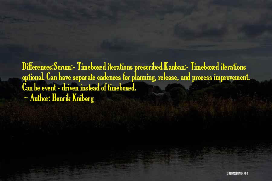 Henrik Kniberg Quotes: Differences:scrum:- Timeboxed Iterations Prescribed.kanban:- Timeboxed Iterations Optional. Can Have Separate Cadences For Planning, Release, And Process Improvement. Can Be Event