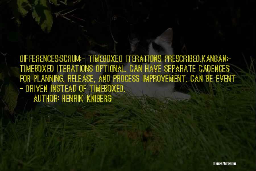 Henrik Kniberg Quotes: Differences:scrum:- Timeboxed Iterations Prescribed.kanban:- Timeboxed Iterations Optional. Can Have Separate Cadences For Planning, Release, And Process Improvement. Can Be Event