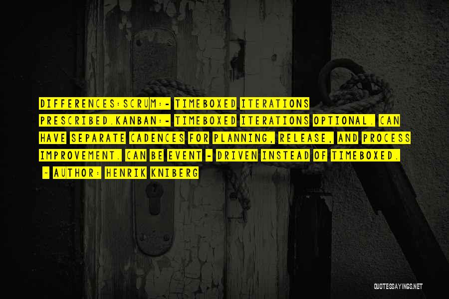 Henrik Kniberg Quotes: Differences:scrum:- Timeboxed Iterations Prescribed.kanban:- Timeboxed Iterations Optional. Can Have Separate Cadences For Planning, Release, And Process Improvement. Can Be Event